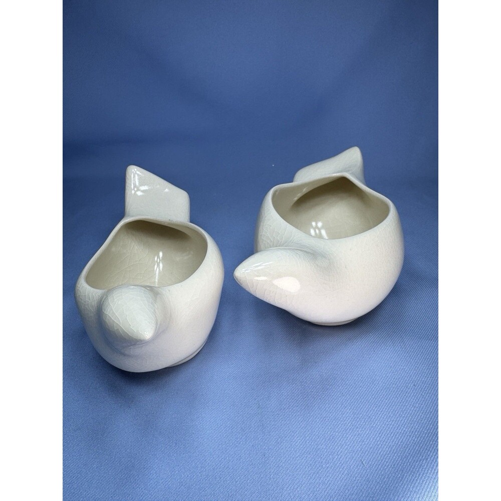 2 Ceramic Abstract Dove Planters White Crackled Glaze Signed l&m Minimalist VTG